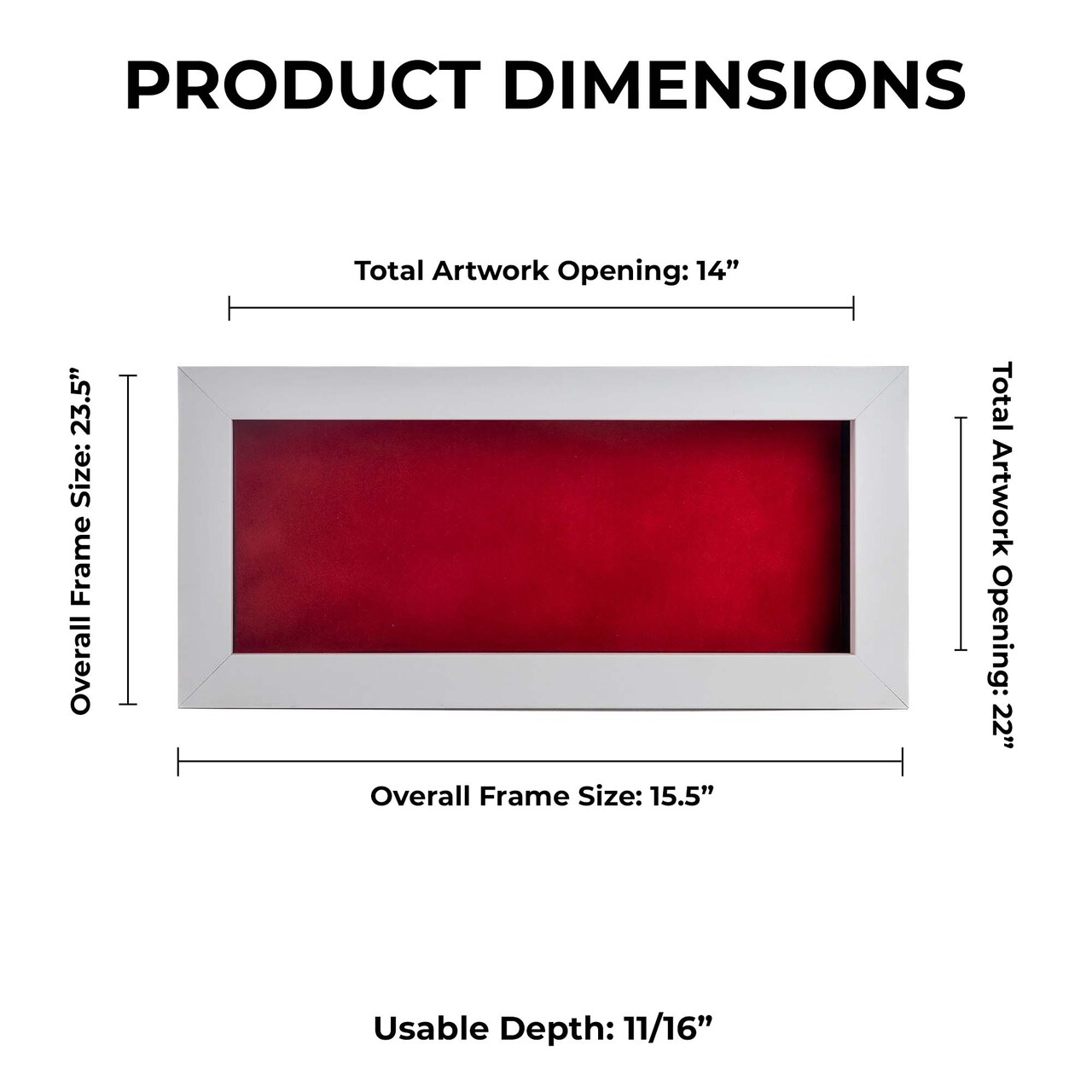 Classic White Wood Shadown Box Frame with Acrylic Front - Red Suede Backing, 30 Sizes